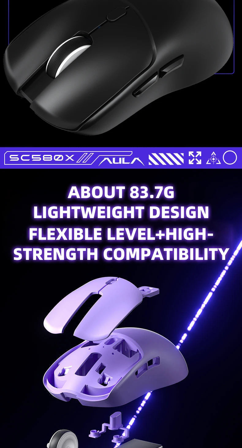 AULA Wireless Gaming Mouse Tri-mode 2.4G/Bluetooth Mouse Rechargeable Ergonomic 12000 DPI Mouse for PC Gaming Accessories SC580X