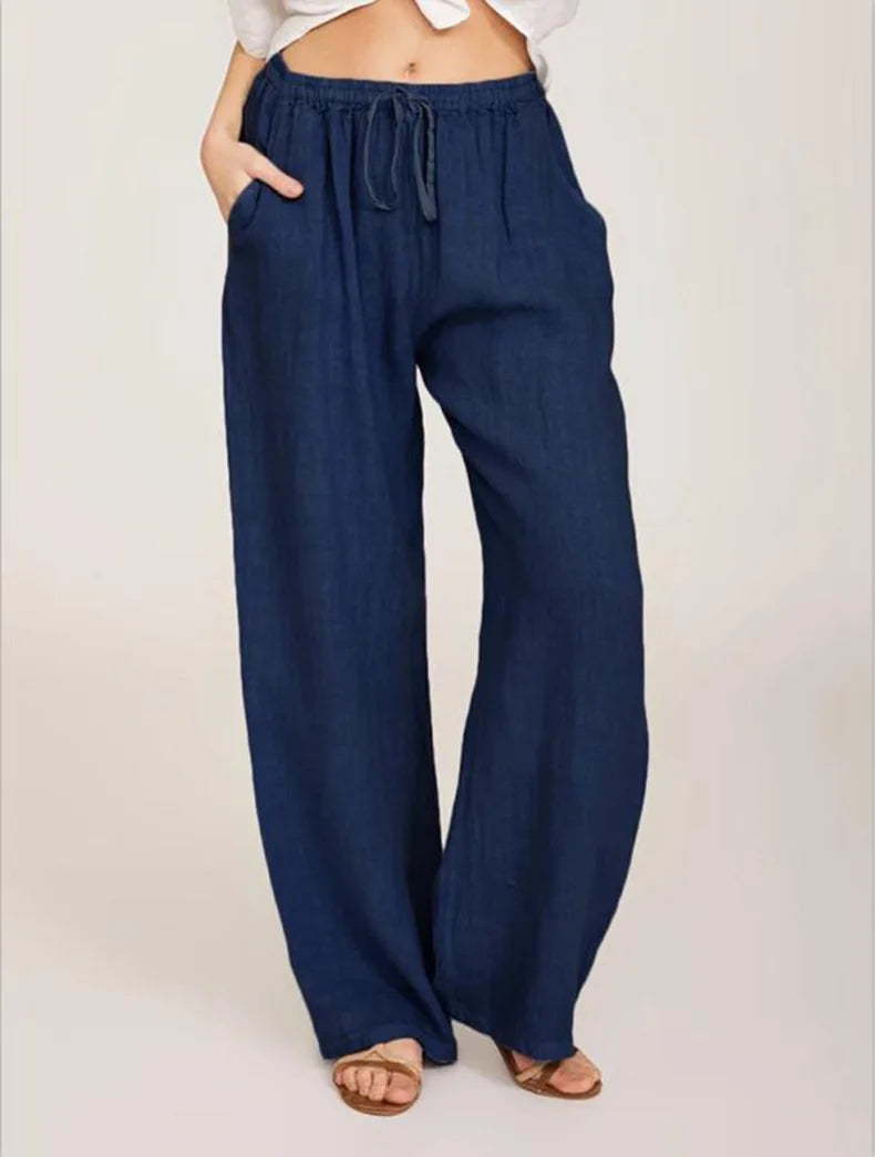 Loose Linen-Blend Wide Leg Casual Pants: Breathable Drawstring Summer Trousers