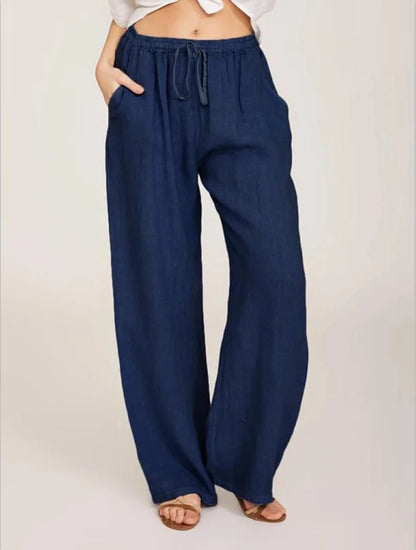 Loose Linen-Blend Wide Leg Casual Pants: Breathable Drawstring Summer Trousers