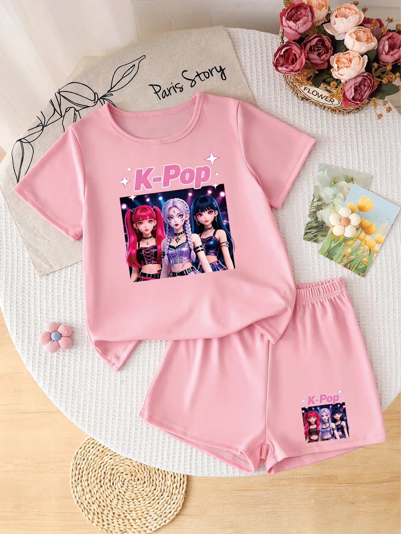 Girls' K-POP Glam Idol 2-Piece Outfit: Graphic Print Tee & Matching Shorts Set