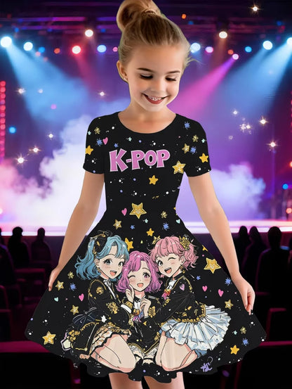 Girls' K-Pop "Anime Star" Summer Dress: Harajuku Style Short Sleeve A-Line Gown