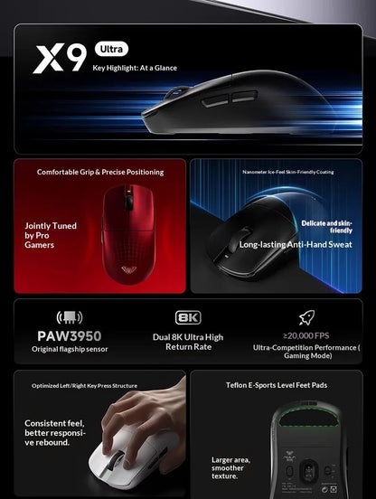 AULA X9 Max Ultra Gaming Mouse Wireless Tri Mode Dual 8KHz 500mAh PAW3950 Lightweight Ergonomic Esports Mouse Gaming Accessories