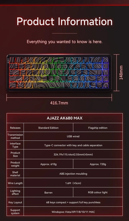 AJAZZ AK680 MAX/V2 Mechanical Keyboard HE Hall Effect Switch 60% 8k/1K RGB Wired/Wireless Gaming Rapid Trigger Magnetic Keyboard