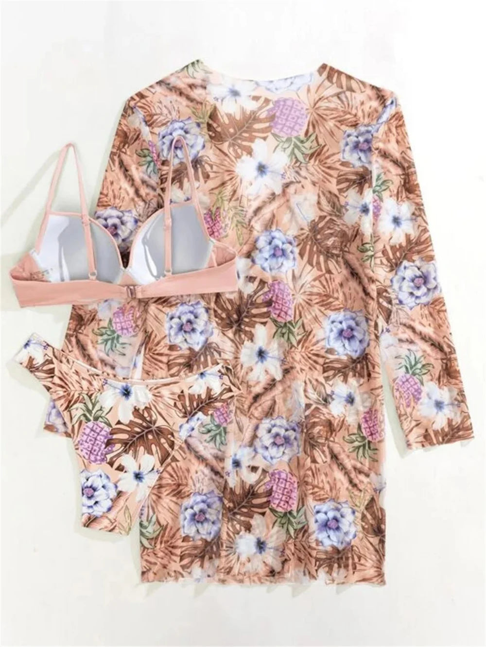 Three Pieces Bikini Set Cover Up Women 2023 New Push Up Twist Swimsuit Print Long Sleeve Swimwear Biquini Bathing Suit Summer