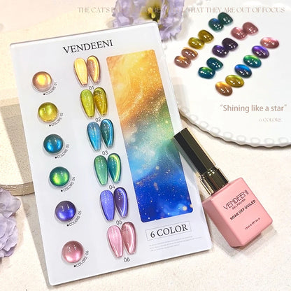 Vendeeni 6 Colors Crystal Cat Eye Gel Nail Polish Set Semi Permanent Sparkling Magnetic UV LED Soak Off Gel Varnish With Display