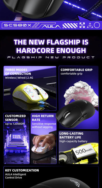 AULA Wireless Gaming Mouse Tri-mode 2.4G/Bluetooth Mouse Rechargeable Ergonomic 12000 DPI Mouse for PC Gaming Accessories SC580X