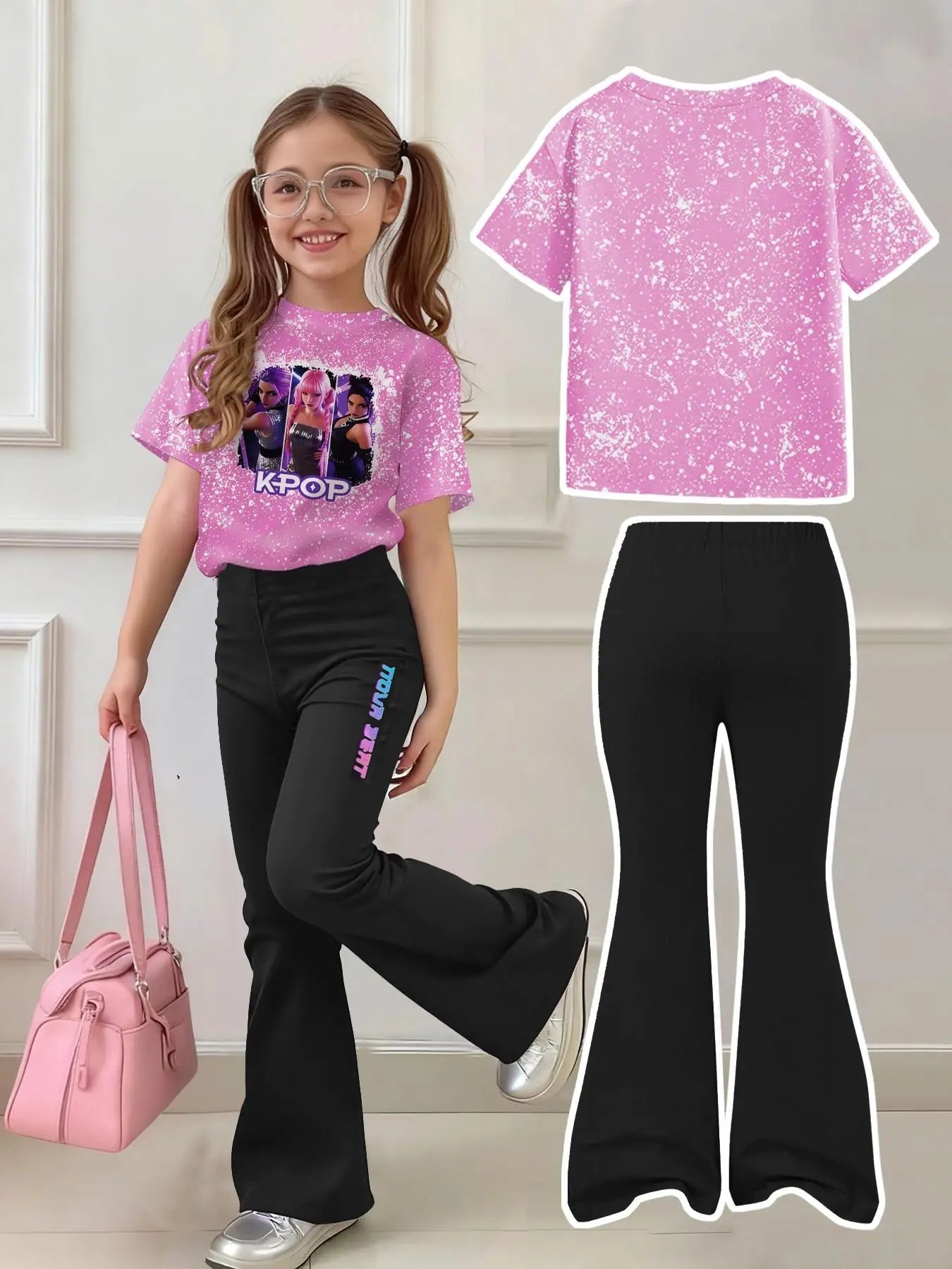 Girls' K-Pop Retro Duo Set: Pink Splatter Graphic Tee & Black Flared Pants