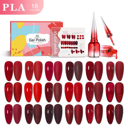AS 18pcs 15ml Nail Gel Polish Set Red Dark Vernis Semi Permanent Nail Art Supplies Manicure UV Gel Nail Varnish Kit With Chart