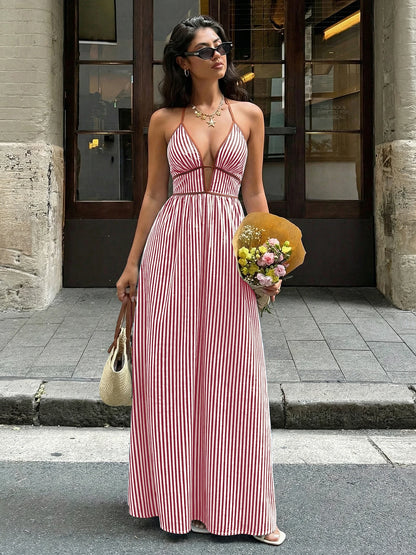 2026 Summer New Style Deep V-neck Striped Beach Dress, Sexy Backless Sleeveless Neckline Long Dress