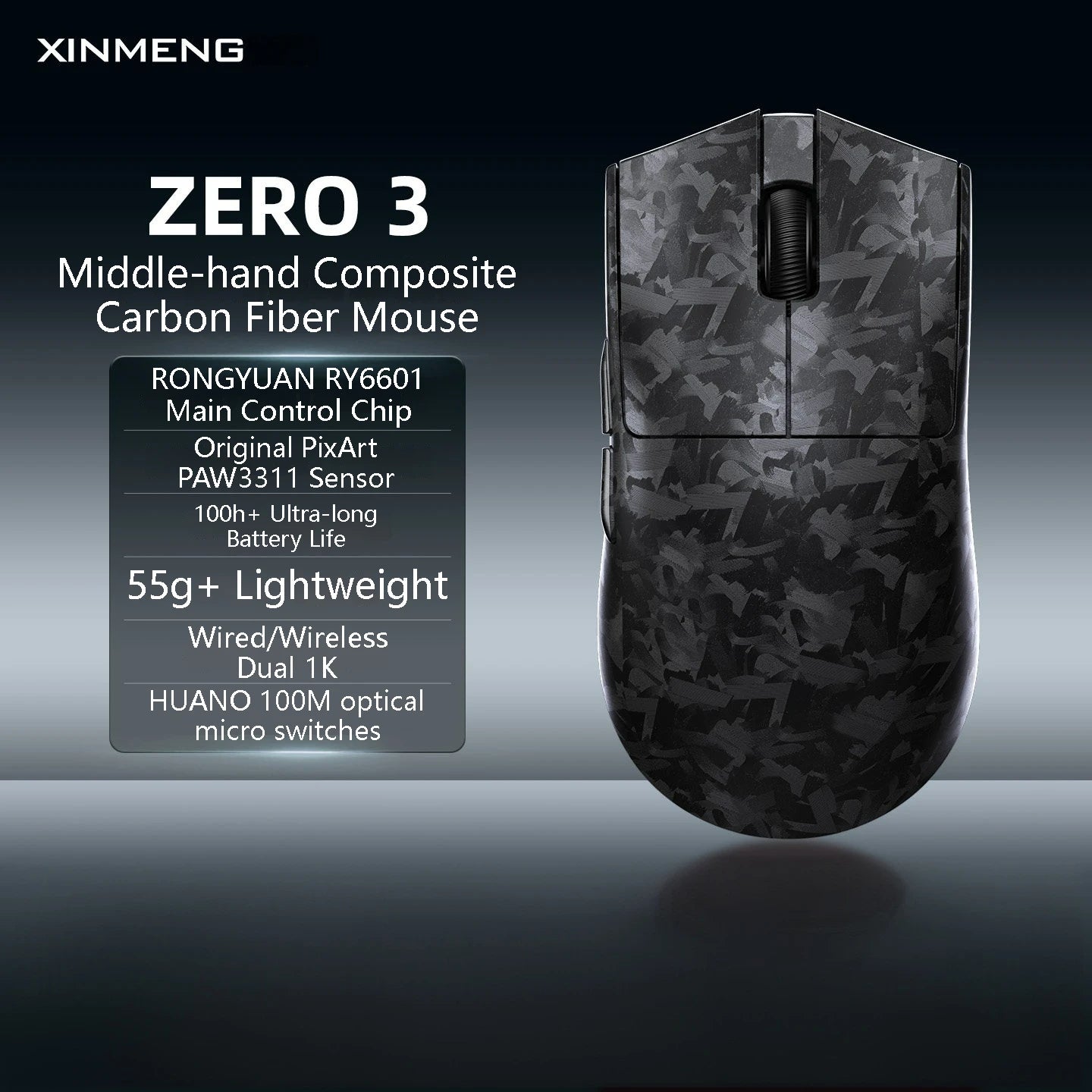 XINMENG ZERO 3 Gaming Mouse PAW3311/PAW3395/PAW3950 E-sport Sensor 1K/8K Polling Rate Carbon Fiber Case 500mAh Battery Wireless