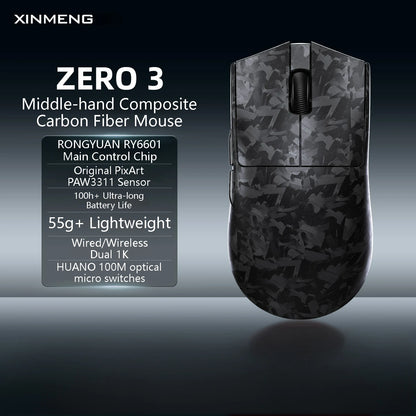 XINMENG ZERO 3 Gaming Mouse PAW3311/PAW3395/PAW3950 E-sport Sensor 1K/8K Polling Rate Carbon Fiber Case 500mAh Battery Wireless
