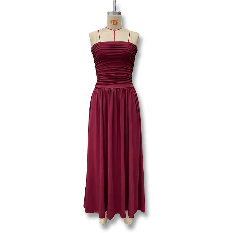 2026 Summer Fashion Solid Color Strapless Strapless Sleeveless Lady Long Dress New Elegant Sexy Slimming Pleated Women's Dresses