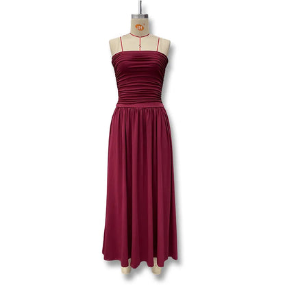 2026 Summer Fashion Solid Color Strapless Strapless Sleeveless Lady Long Dress New Elegant Sexy Slimming Pleated Women's Dresses