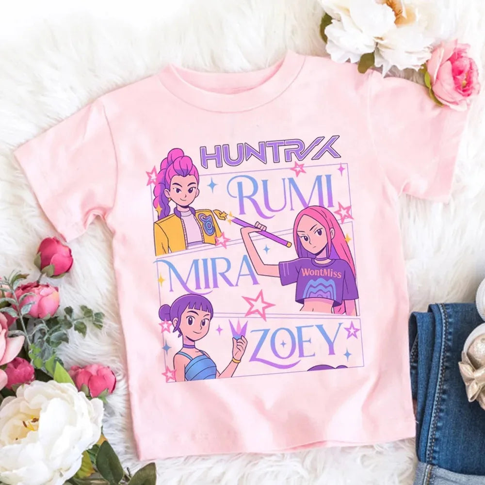 2026 Summer Kpop Demon Hunters T Shirt Kids Cartoon Anime Meme Print Clothes Round Neck Basic Boys Tops Casual Shirts Gift