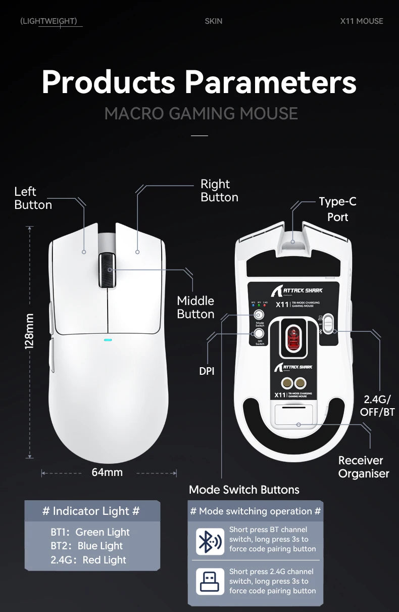 Attack Shark X11 Mouse PAW3311 Wireless 1K Hz Macro Magnetic RGB Docking Charger for Gaming