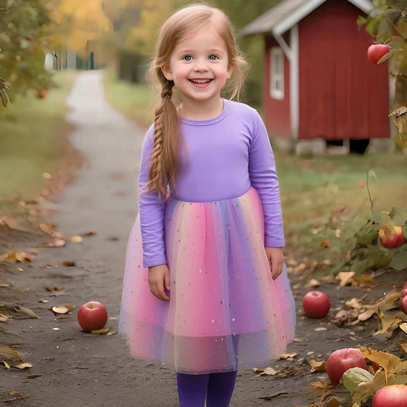 Girls' K-Pop Demon Hunters "Star Sparkle" Long Sleeve Tutu Dress: Rainbow Tulle Princess Gown