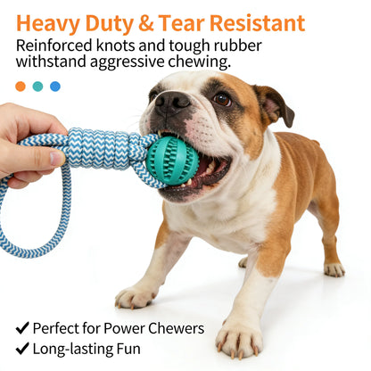 2-in-1 Dog Chew Toy with Treat Dispenser Durable Cotton Rope Natural Rubber Ball for Small Medium Dogs Teeth Cleaning