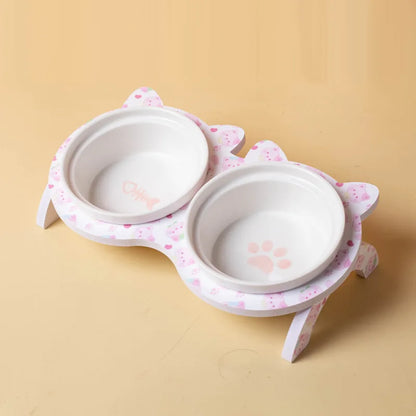 3pcs/set (1pc rack + 2pcs bowl) Non-Slip Ceramic Double Pet Food Bowl for Cats and Dogs - Prevents Spills and Slips