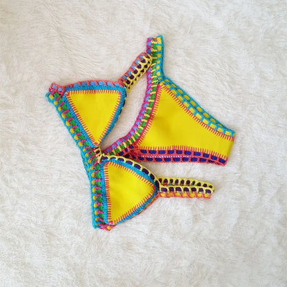 Bikini Crochet 2025 Handmade Knit Patchwork Reversible 2 Piece Swimsuit Women Halter Top Brazilian Bathing Suit Thong Swimwear