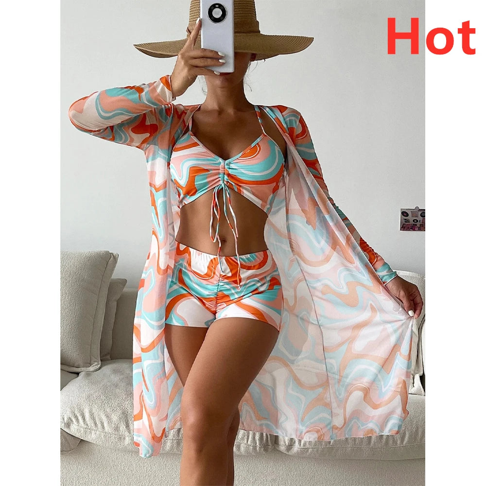 Three Pieces Bikini Set Cover Up Women 2023 New Push Up Twist Swimsuit Print Long Sleeve Swimwear Biquini Bathing Suit Summer