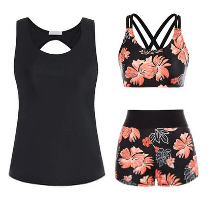 Women's Beach Swimsuit Three Piece Set Floral Printed Separate Three Piece Swimsuits With Bra Pads No Steel Bra Sexy Bikini Se