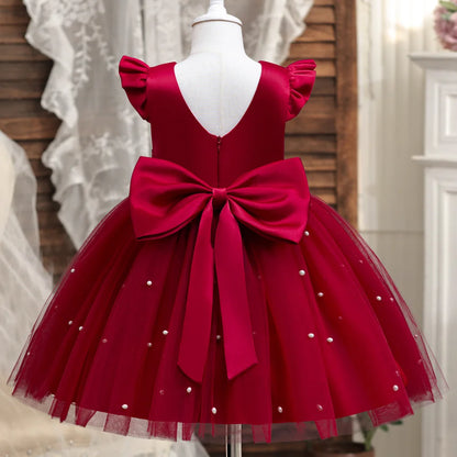 Girls' K-Pop "Pearl Essence" Gala Gown: Pink Tulle Tutu Dress with XL Back Bow & Beading