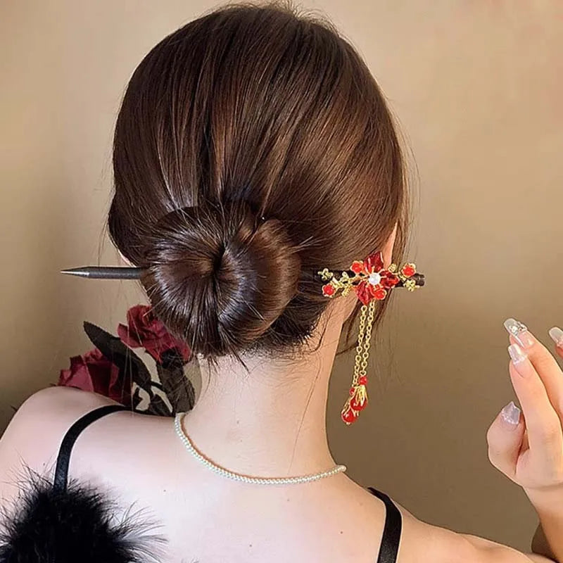 Retro Red Flower Hair Stick.