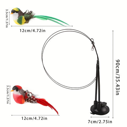 Two birds Cat teasing stick set simulation bird hands-free bird cat stick long pole double pole with bell strong suction cup cat