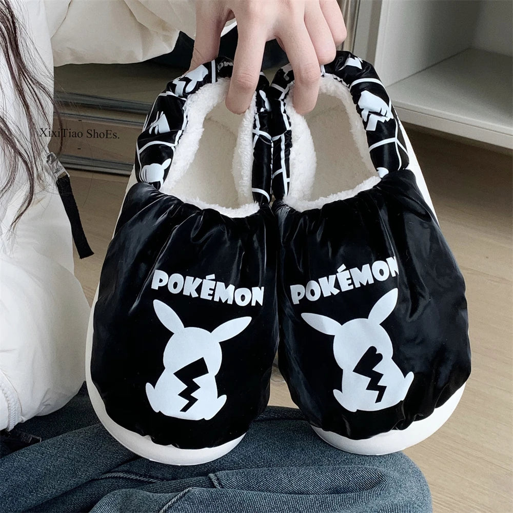 Pokemon Anime Couple Slippers Cute Pikachu Eevee Cartoon Cotton Home Shoes for Men And Women with Velvet Insulation Winter Gifts