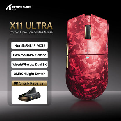 Attack Shark X11 Ultra 59g Superlight Wireless 8K Gaming Mouse Carbon Fiber Nano-Metal Ice Coating PAW3950MAX