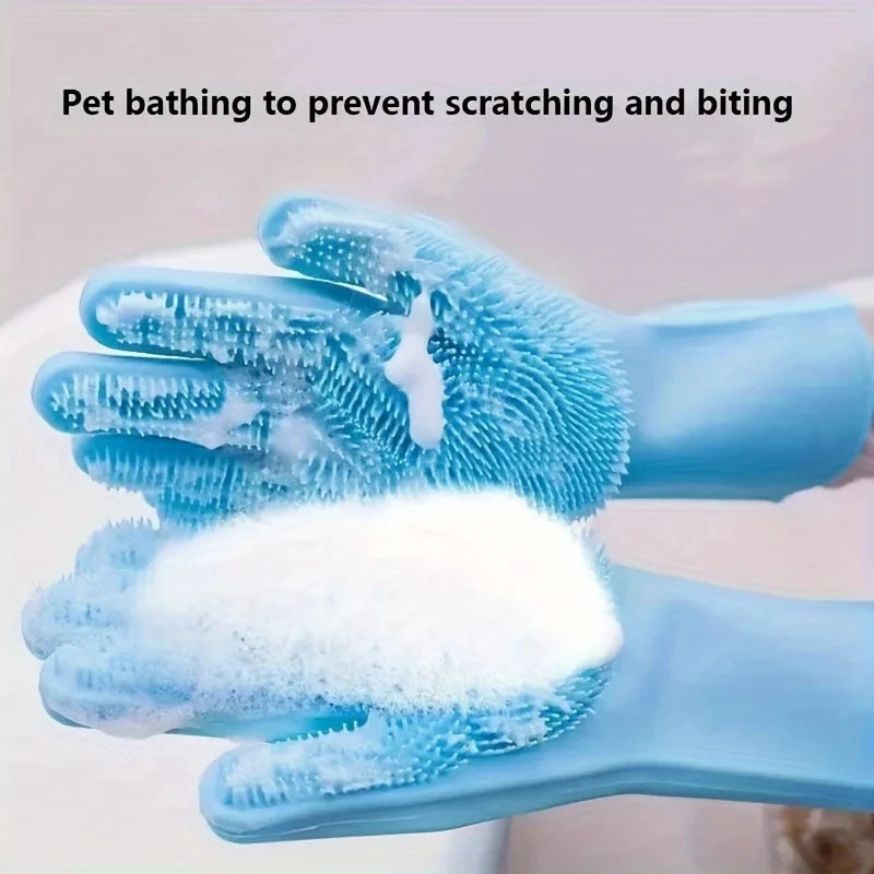 Bite-Proof Pet Scrubbing Bath Gloves: 2-in-1 Waterproof Silicone Grooming & Shampoo Scrubber