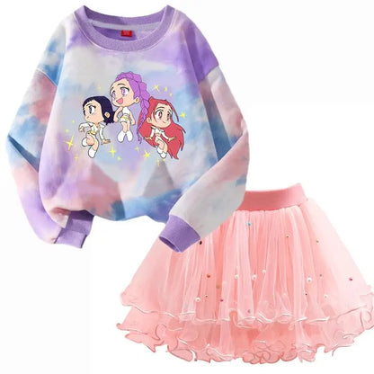 Girls' K-Pop HUNTRX Autumn Set: Pink Tie-Dye Sweatshirt & Pearl Tulle Princess Skirt
