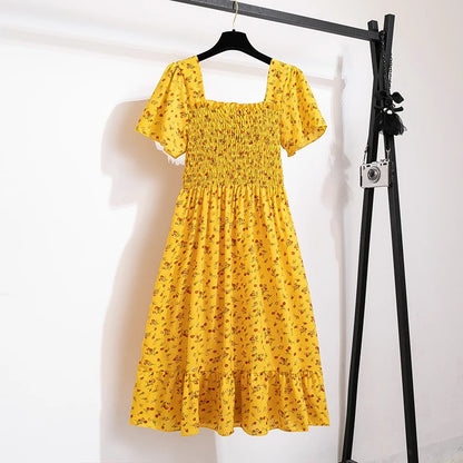 Floral Chiffon Smocked Midi Dress: Butterfly Sleeve Square Neck A-Line Gown