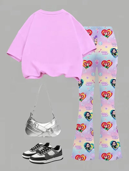 Girls' K-Pop "Nova Beat" Chibi Edition Set: Pink Graphic Tee & Pastel Flared Pants