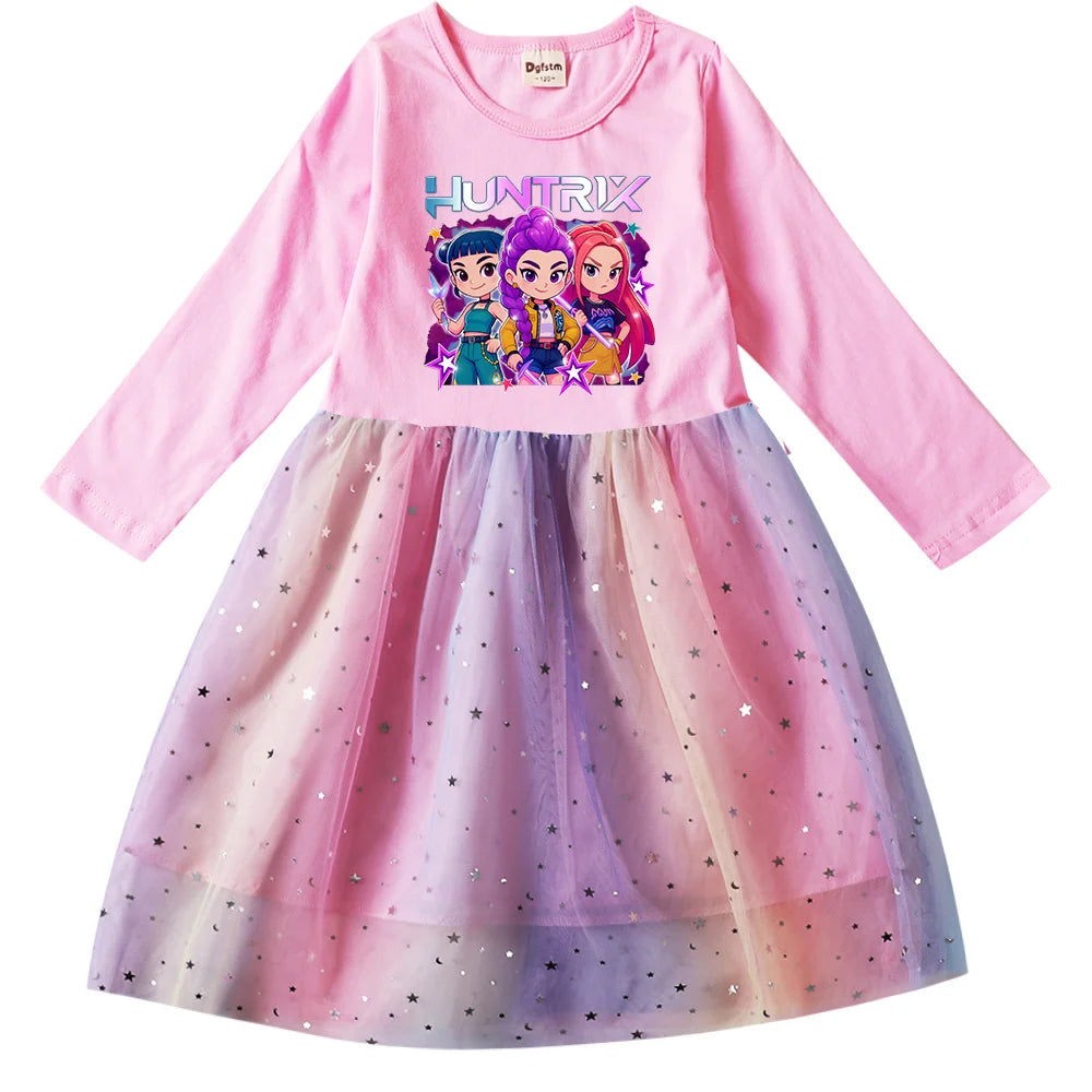 Girls' K-Pop Demon Hunters "Star Sparkle" Long Sleeve Tutu Dress: Rainbow Tulle Princess Gown