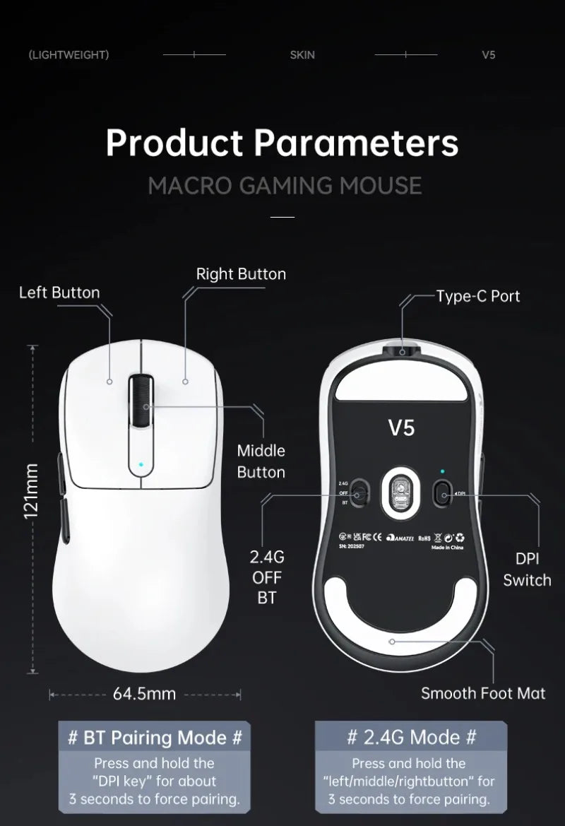 ATTACK SHARK V5 Wireless Gaming Mouse 3-Mode Ultra-Lightweight PAW3950MAX 8KHz Polling Rate For PC Gamer Accessories Gift