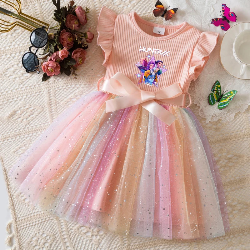 Girls' HUNTRX Rainbow Tulle Princess Dress: Sequin Star & Chibi Idol Party Gown
