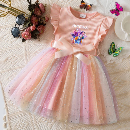 Girls' HUNTRX Rainbow Tulle Princess Dress: Sequin Star & Chibi Idol Party Gown