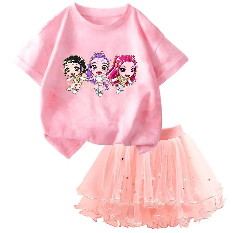 Girls' K-Pop HUNTRX Princess Set: Tie-Dye Graphic Tee & Pearl Tutu Skirt 2-Piece Outfit