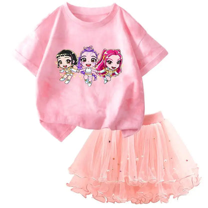 Girls' K-Pop HUNTRX Princess Set: Tie-Dye Graphic Tee & Pearl Tutu Skirt 2-Piece Outfit