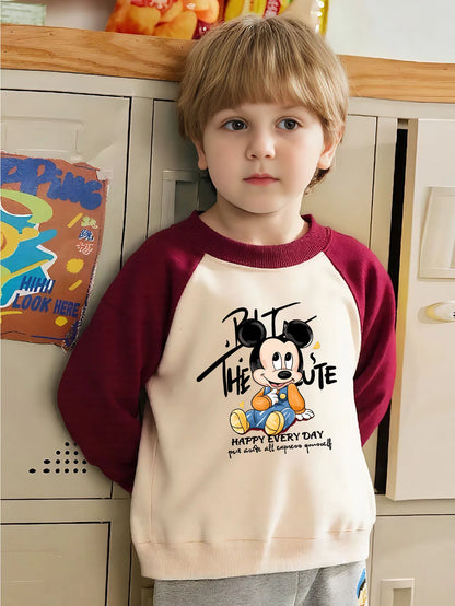 Mickey Printed Spring Autumn New Children Sweatshirts Kids Fashion O Neck Hoodies Baby Boys Spliced Long Sleeved Casual Pullover
