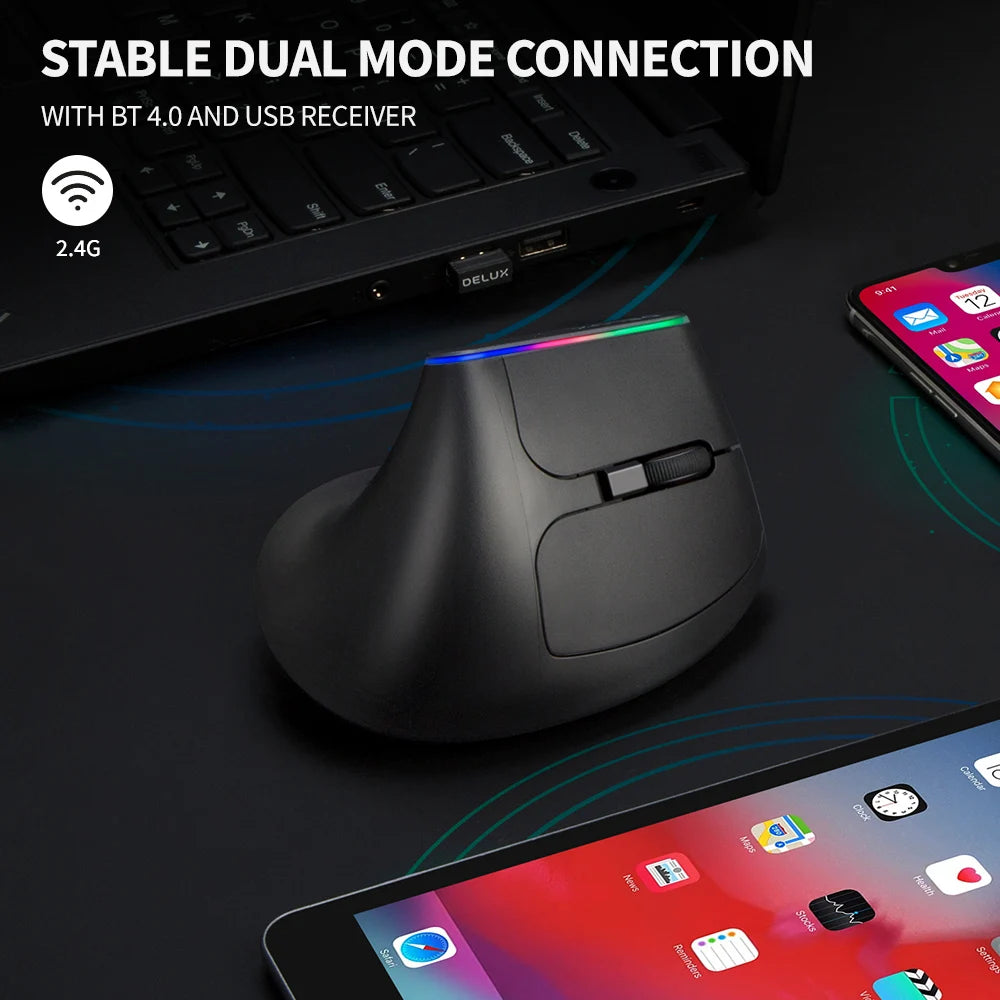 Delux M618C Wireless Silent Ergonomic Vertical 6 Buttons Gaming Mouse USB Receiver RGB 1600 DPI Optical Mice With For PC Laptop