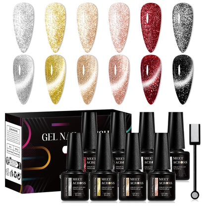 MEET ACROSS 6PCS/SET Cat Magnetic Gel Polish With Magnetic Stick And Box For Nails Semi Permanent Nail Art Gel Varnish Manicure