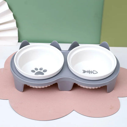 Cat bowl ceramic, cat food bowl double bowl drinking water, dog basin, pet oblique mouth to protect the cervical vertebrae