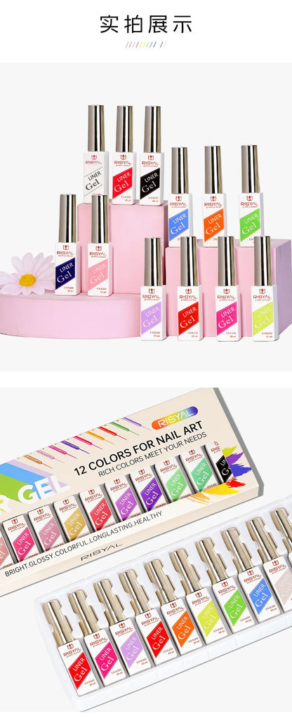 Neon Gel Nail Set Gel Pull Liner Glitter Nail Polish Kit UV/LED Fluorescent Color Gel DIY Manicure Painting Gel Nail Art Brushed