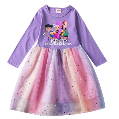 Girls' K-Pop Demon Hunters "Star Sparkle" Long Sleeve Tutu Dress: Rainbow Tulle Princess Gown
