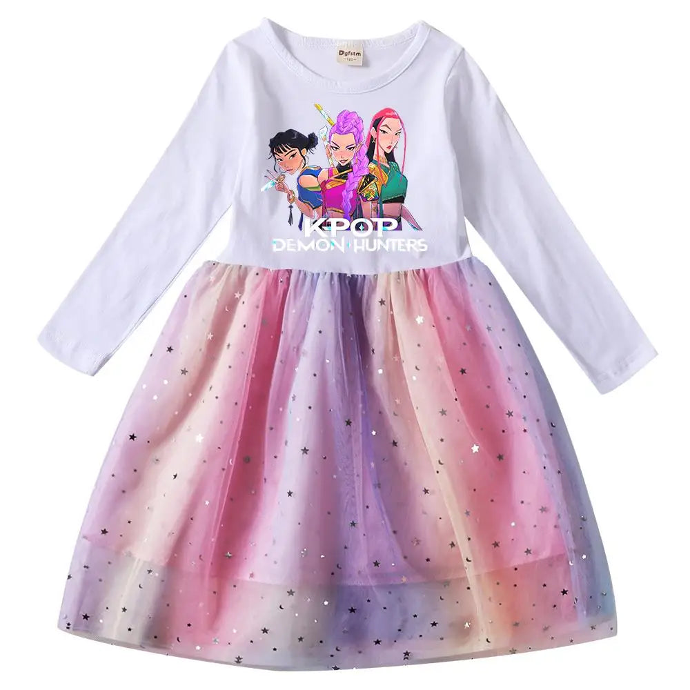 Girls' K-Pop Demon Hunters "Star Sparkle" Long Sleeve Tutu Dress: Rainbow Tulle Princess Gown