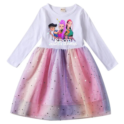 Girls' K-Pop Demon Hunters "Star Sparkle" Long Sleeve Tutu Dress: Rainbow Tulle Princess Gown