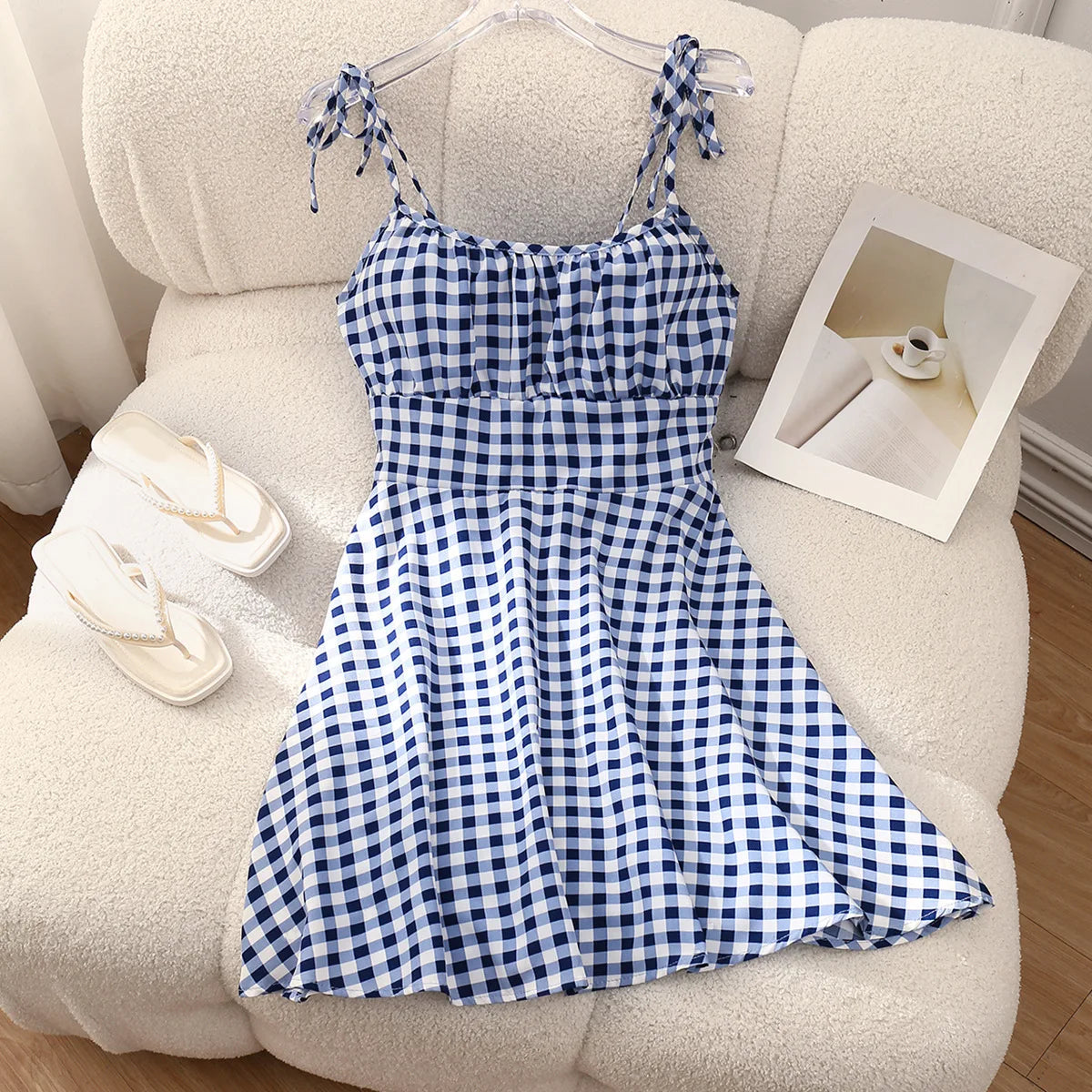 French Style Floral Summer Mini Dress: Sleeveless Camisole with Tie Straps