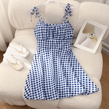French Style Floral Summer Mini Dress: Sleeveless Camisole with Tie Straps